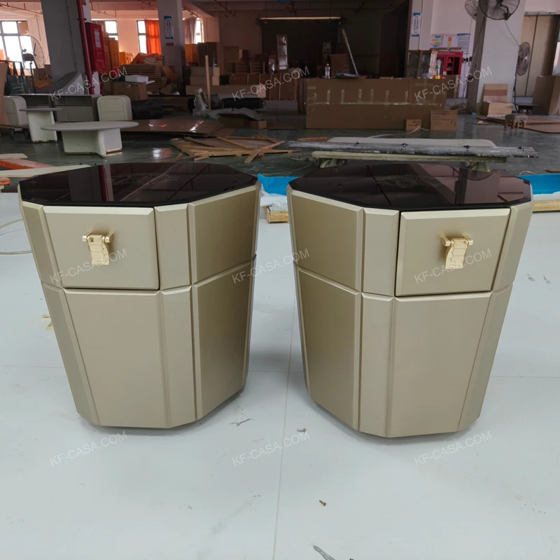 Faceted Octagonal Sofa Side Table with Smoked Mirror Top and Single Drawer
